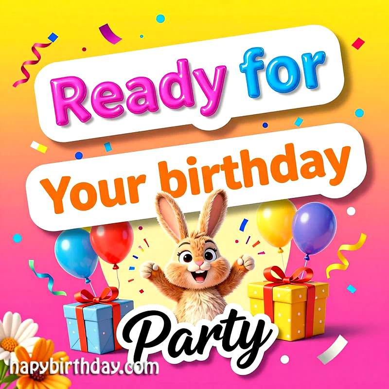 A joyful animated bunny with delighted paws celebrates amidst colorful balloons, wrapped presents, and confetti on a vibrant background, inviting to a birthday party.