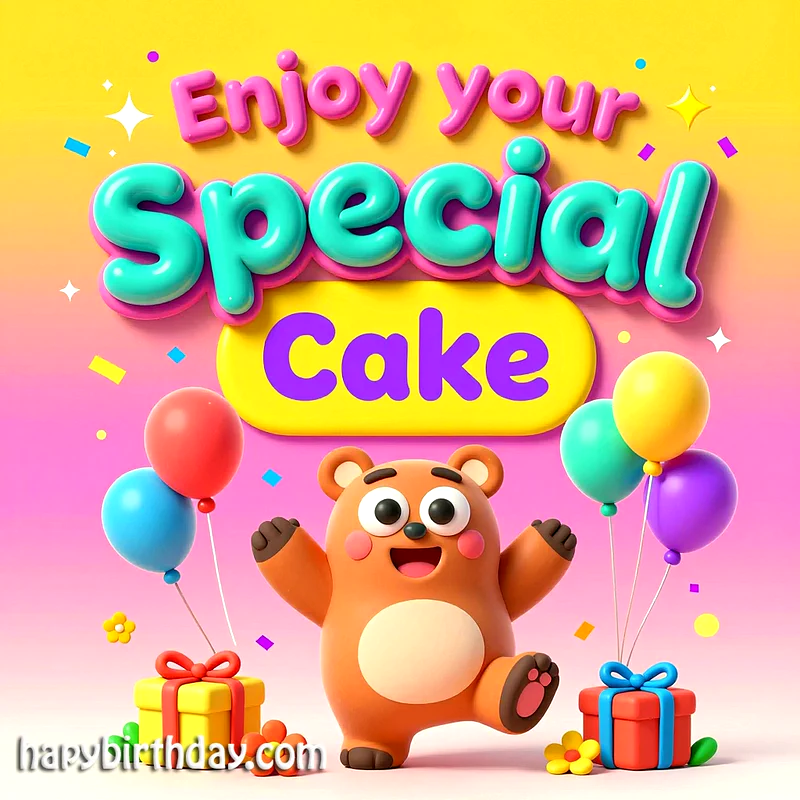 A cheerful animated brown bear celebrates a birthday surrounded by vibrant balloons, colorful gift boxes, and confetti, with the playful text "Enjoy your Special Cake" at the top.