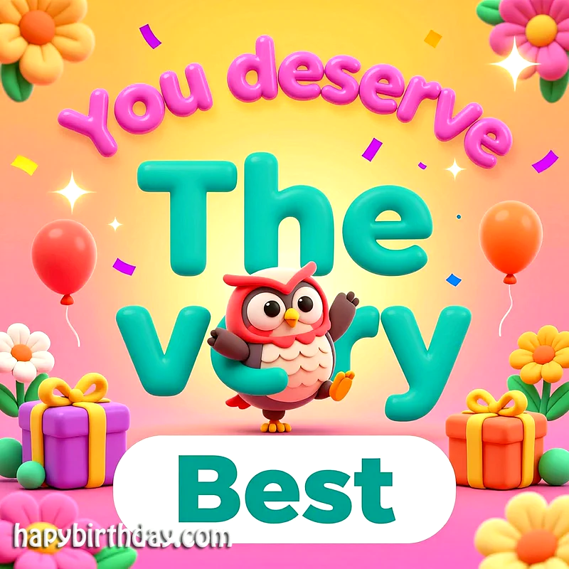 A cheerful 3D cartoon owl waves among vibrant 'You deserve The very Best' text. Gifts, balloons, and flowers create a joyful, festive birthday scene with a warm gradient background.