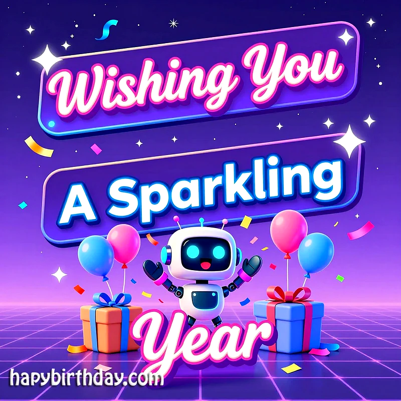 A cheerful white robot in a vibrant purple scene wishes a sparkling year. Surrounded by blue and pink balloons, colorful confetti, and wrapped gifts, it creates a festive birthday atmosphere.