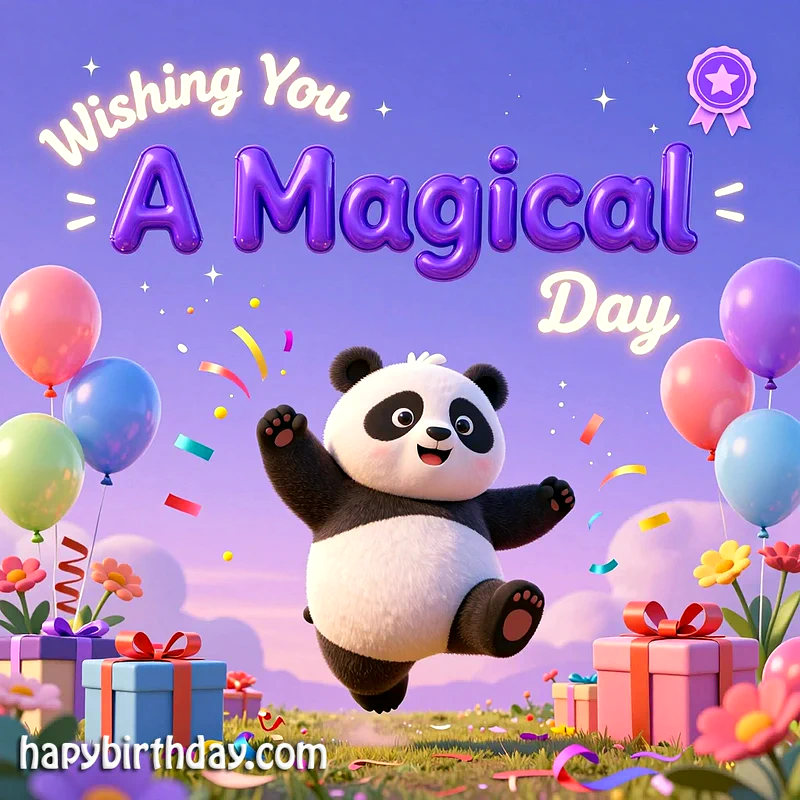 An adorable 3D animated panda joyfully leaps amidst colorful balloons and wrapped gifts under a pastel sky, wishing a magical birthday with confetti.