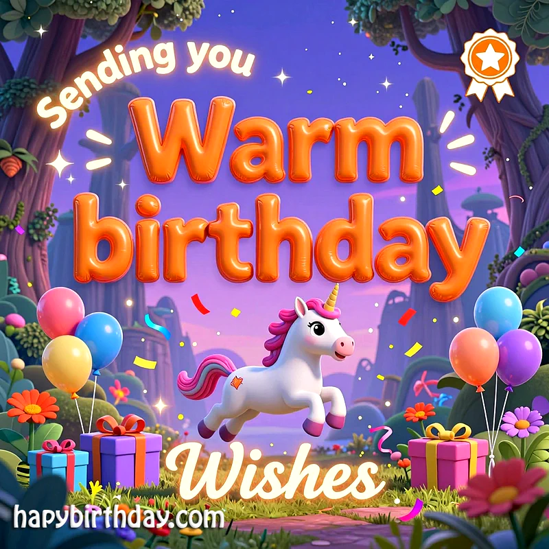 A magical white unicorn with a pink mane leaps joyfully through a purple forest filled with colorful balloons, gift boxes, and blooming flowers under a starry sky.