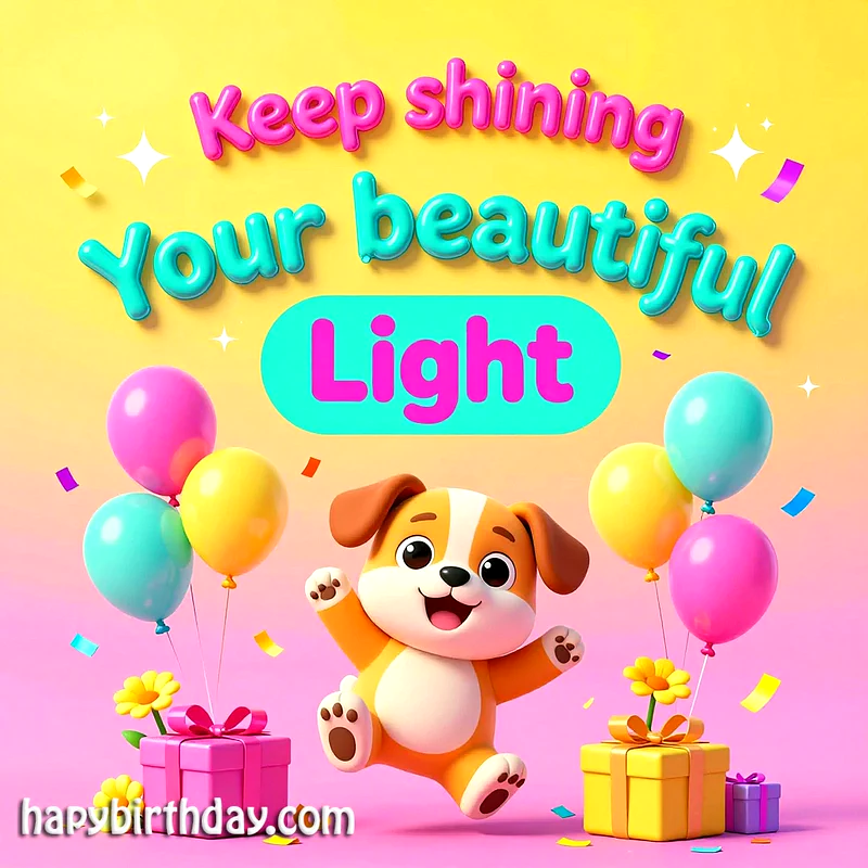 A charming cartoon puppy joyfully leaps amidst vibrant pink, yellow, and blue balloons, confetti, and wrapped gifts, all set against a bright, warm backdrop for a loving birthday celebration.