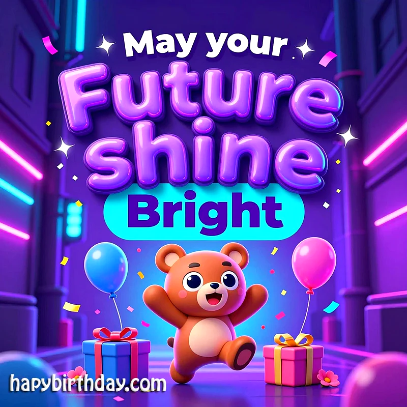 A cheerful 3D teddy bear celebrates with vibrant balloons and gift boxes under glowing neon lights, wishing 'May your Future shine Bright' with confetti.