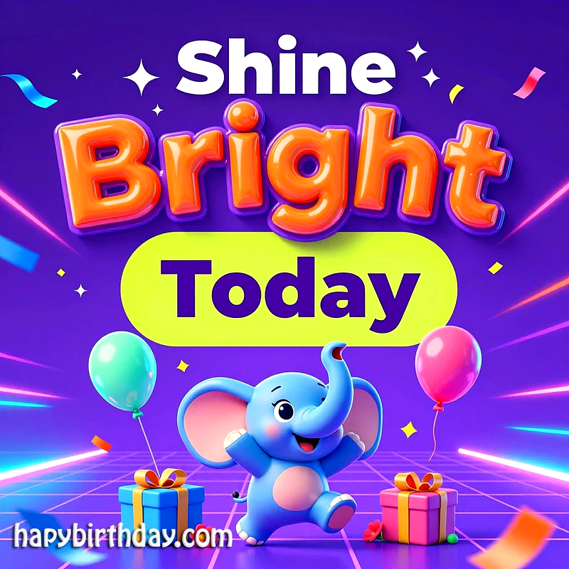 Happy blue baby elephant dancing on purple neon grid background with colorful gift boxes, teal and pink balloons, falling confetti, sparkles, and vibrant orange text saying Shine Bright Today