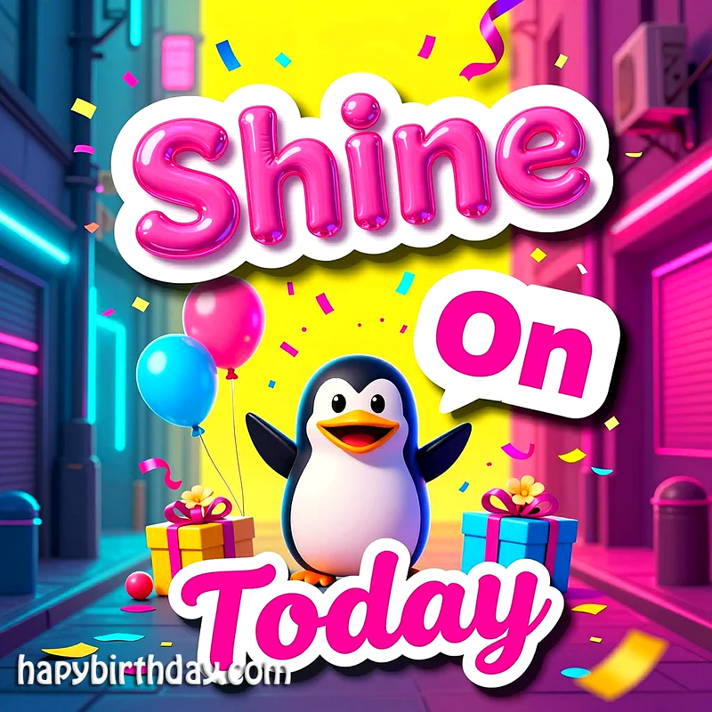 A cheerful cartoon penguin with open arms stands amidst colorful confetti, pink and blue balloons, and wrapped gift boxes, all set against a vibrant, neon-lit city street backdrop, radiating pure birthday joy.