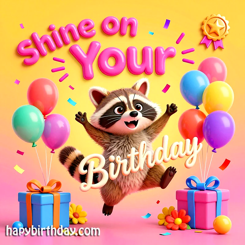 Joyful cartoon raccoon jumps with arms up, surrounded by colorful balloons, wrapped presents, and scattered confetti on a vibrant yellow and pink background. Text reads 'Shine on Your Birthday'.