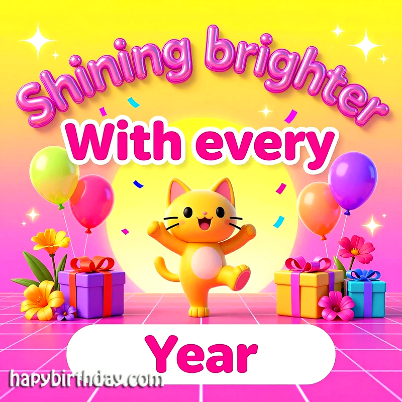 A vibrant birthday card featuring an ecstatic orange cartoon cat dancing amidst colorful balloons, wrapped gifts, and sparkling confetti on a bright pink grid floor, celebrating a year of growing brighter.