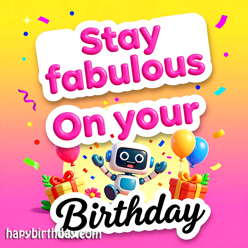 A cheerful cartoon robot with open arms celebrates. It's surrounded by colorful balloons, festive gift boxes, and bright confetti. The vibrant card features the greeting: 'Stay fabulous On your Birthday'.