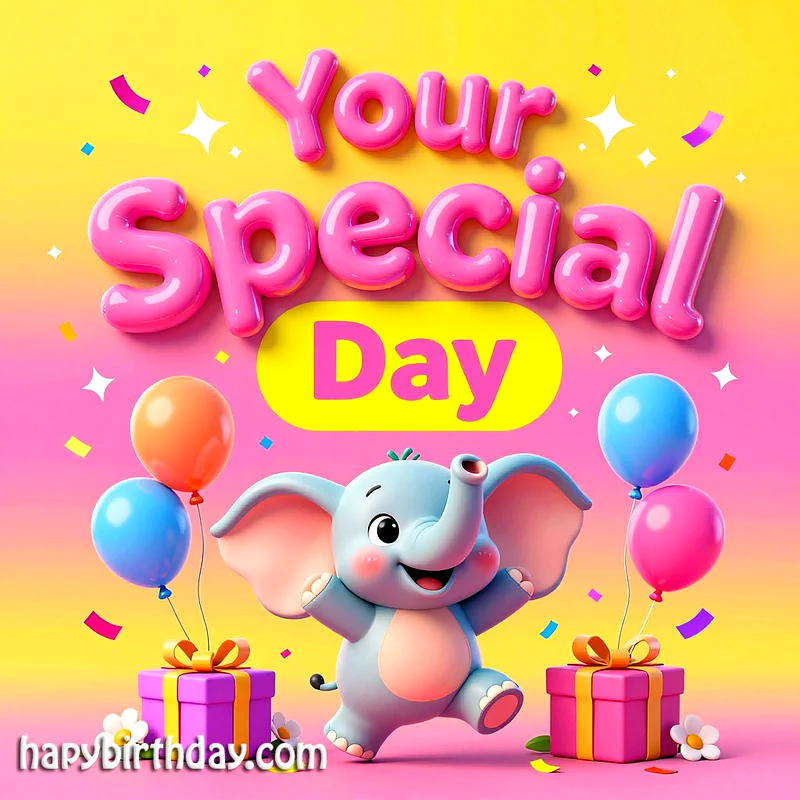 A heartwarming birthday card featuring a joyful baby elephant amidst festive balloons, colorful confetti, and charming wrapped gifts. The vibrant background glows with happiness.
