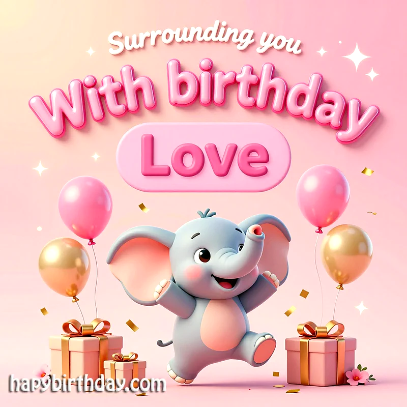 A charming 3D cartoon baby elephant joyfully prances amidst pink and gold balloons and wrapped gifts on a soft pink background. Golden confetti sparkles around this cheerful birthday greeting.