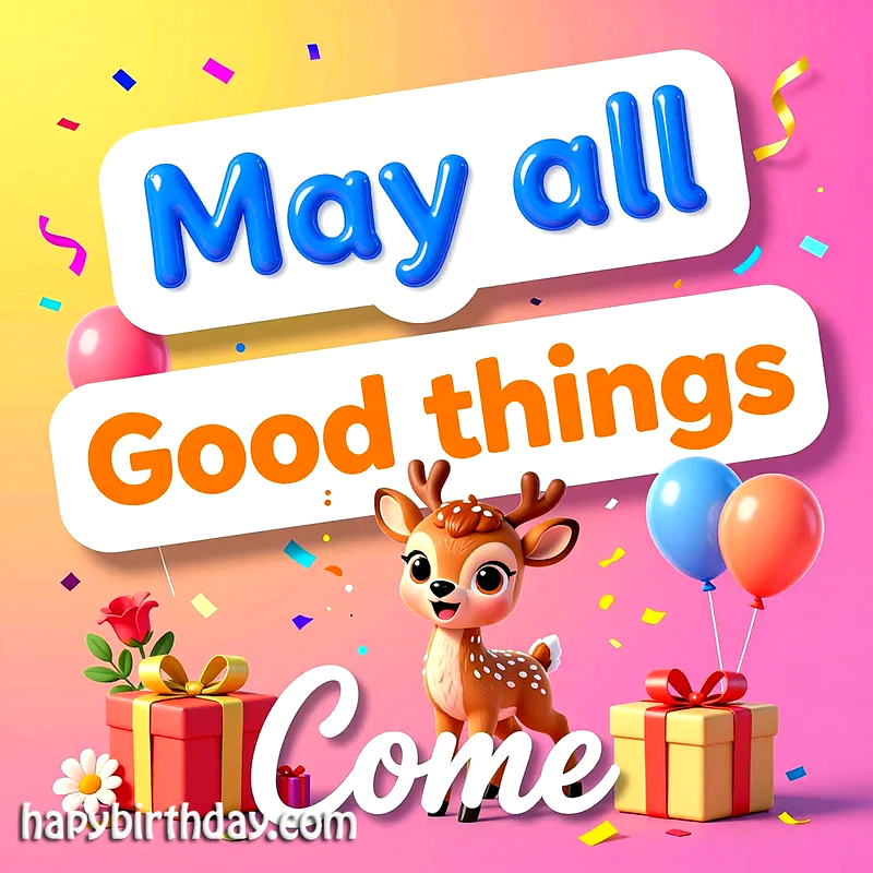 A cute cartoon fawn stands amidst colorful confetti, red and yellow gifts, and balloons. The card features the wish 'May all Good things Come' on a vibrant pink and yellow background, radiating joy.