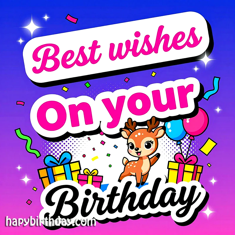 A vibrant birthday card shows an adorable cartoon fawn, gifts, and balloons amidst confetti. The blue to purple background features the cheerful text: 'Best wishes On your Birthday'.
