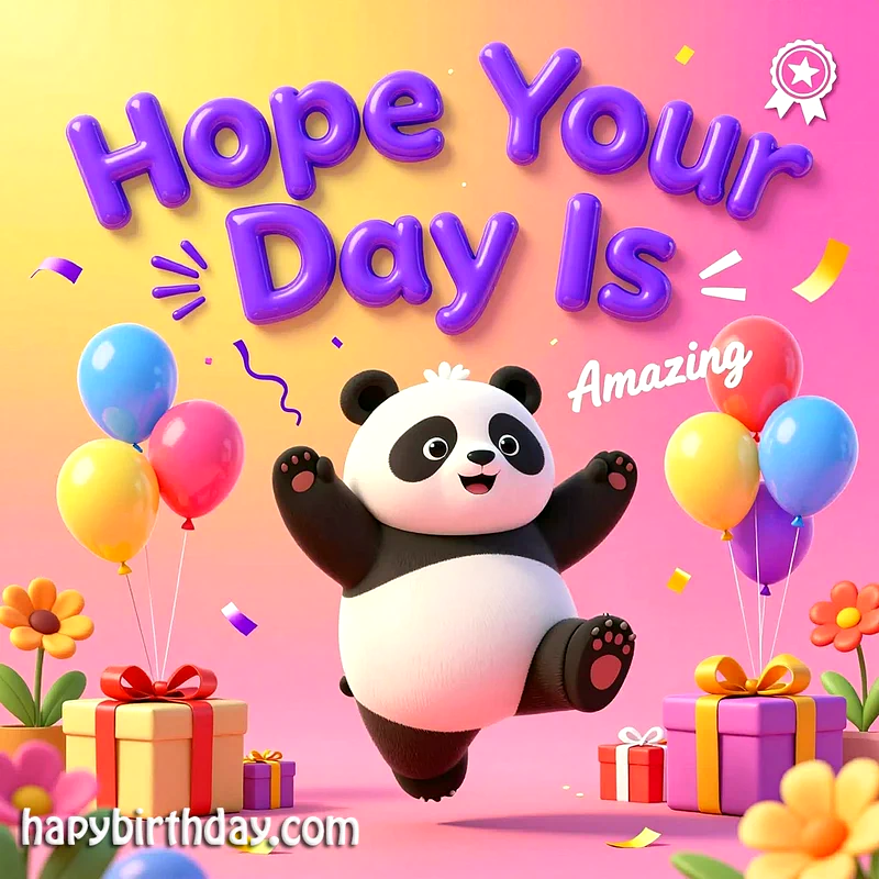 A cheerful 3D panda celebrates amidst colorful balloons and wrapped gifts on a vibrant gradient background. The text reads 'Hope Your Day Is Amazing' with scattered confetti for a festive birthday mood.