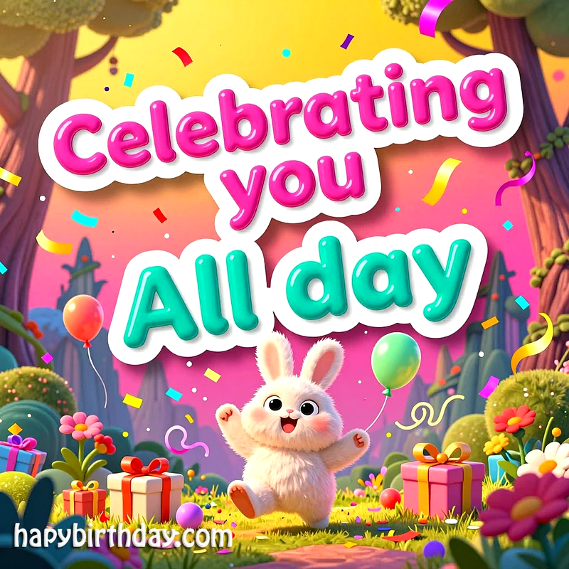 A fluffy white cartoon bunny bounces joyfully with a green balloon amidst colorful confetti, surrounded by wrapped gifts, flowers, and lush cartoon trees under a vibrant sky. The text reads "Celebrating you All day".
