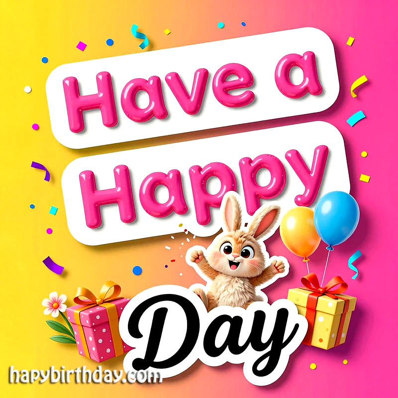 A cheerful greeting card with a cute brown bunny, yellow and blue balloons, colorful confetti, and vibrant gift boxes. Text reads 'Have a Happy Day' on a bright pink and yellow gradient.