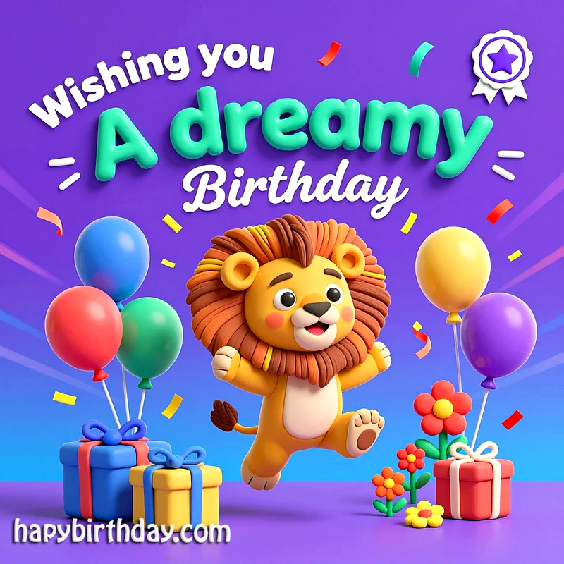 A cheerful claymation-style lion cub jumps joyfully amidst colorful balloons and wrapped gifts on a vibrant purple background. The scene is filled with confetti and tiny flowers, wishing someone a dreamy birthday.