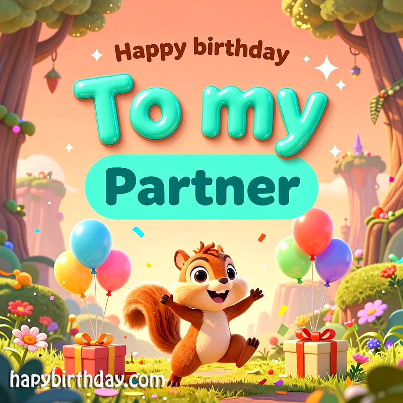 A joyous birthday card features a happy cartoon squirrel in an enchanted forest, surrounded by colorful balloons, confetti, and wrapped gifts. Text: 'Happy birthday To my Partner'.