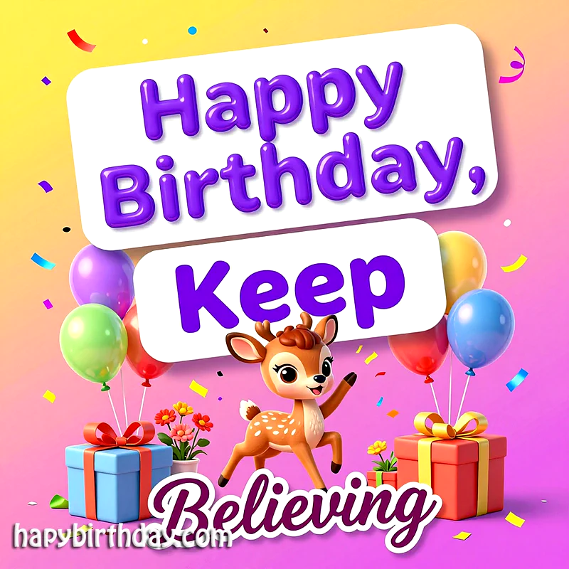 A heartwarming birthday card featuring a cute fawn surrounded by colorful balloons, wrapped gifts, and confetti, with the cheerful message "Happy Birthday, Keep Believing" in bold purple text against a vibrant gradient background.