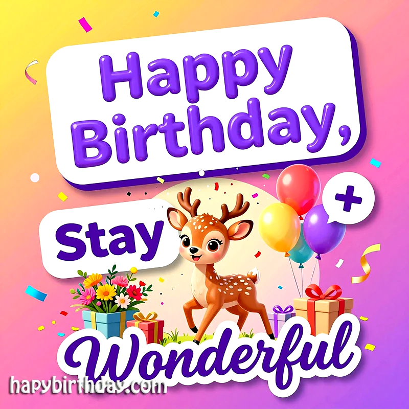 A cheerful birthday greeting card featuring an adorable cartoon deer amidst colorful balloons and wrapped gifts. Bright confetti sprinkles across a vibrant pink and purple gradient background, conveying joyful celebration.