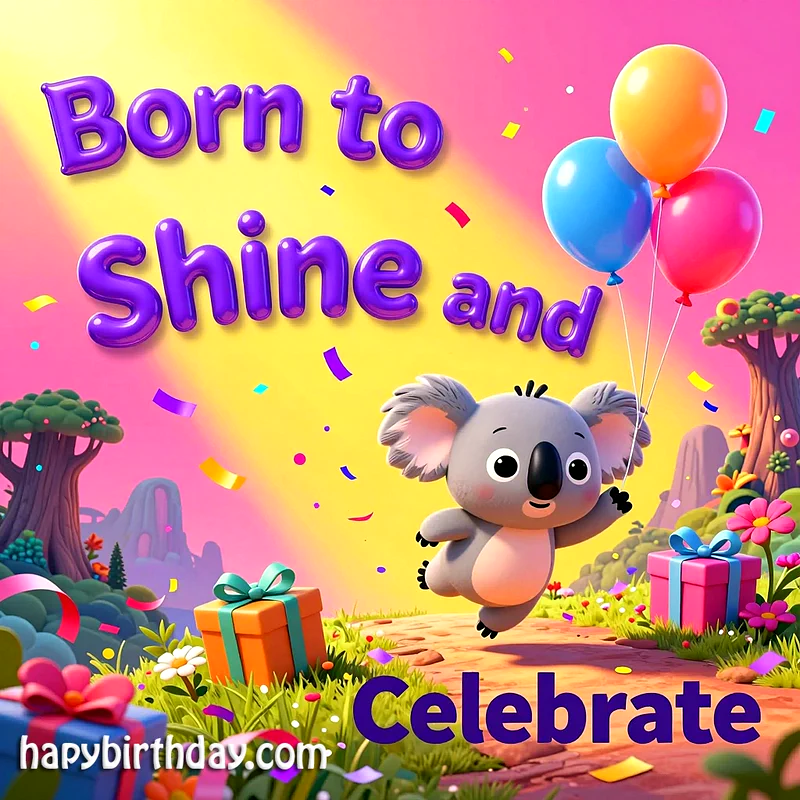 Adorable cartoon koala bouncing with colorful balloons amidst falling confetti and vibrant gift boxes in a cheerful, whimsical landscape, conveying pure birthday joy.