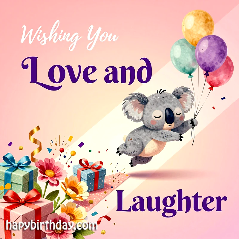A charming birthday card features a serene koala floating with vibrant balloons against a pink and yellow gradient. Surrounding it are festive gift boxes, colorful flowers, and playful confetti, wishing love and laughter.
