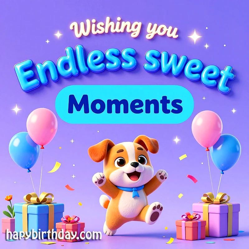 A joyful cartoon puppy jumps with excitement, surrounded by colorful balloons, wrapped presents, and scattered confetti. The purple background sets a festive mood, wishing endless sweet moments for a birthday.