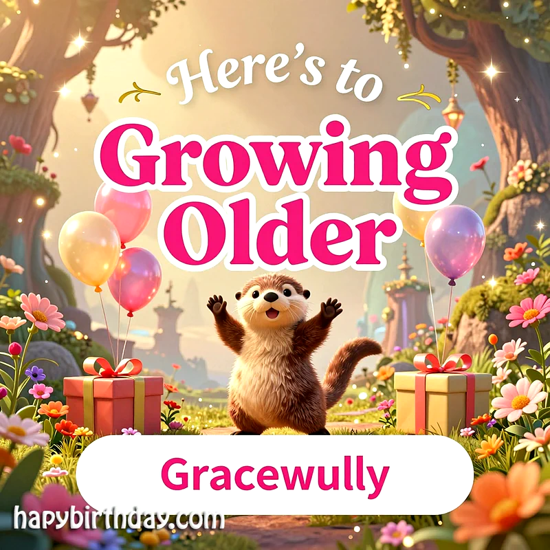 A joyous birthday card featuring an adorable cartoon otter with paws raised, surrounded by floating balloons and wrapped gifts in an enchanted, flower-filled forest. The text wishes "Here's to Growing Older Gracewully."