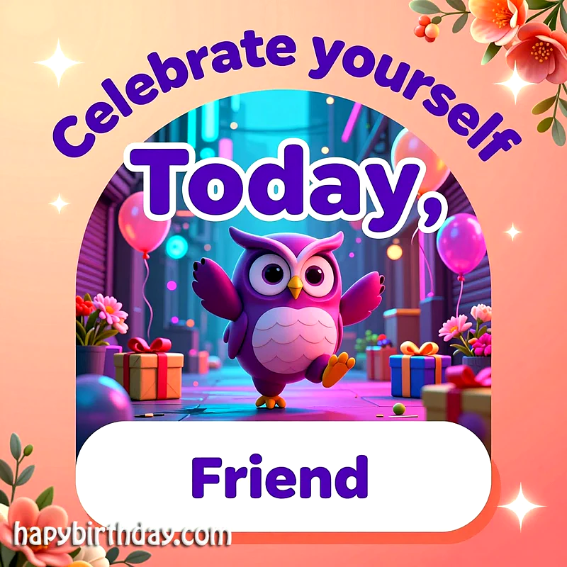 A charming purple owl with outstretched wings stands happily amidst vibrant gift boxes, pink balloons, and neon lights, celebrating a joyful birthday.
