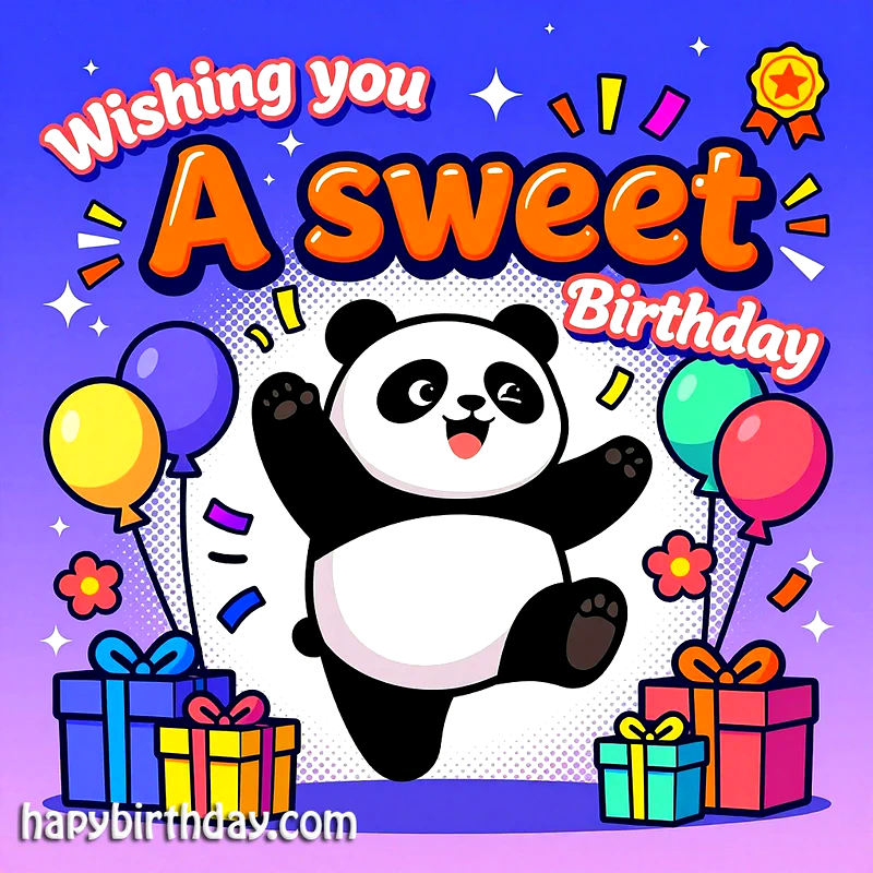 A joyful cartoon panda dances amidst colorful balloons and wrapped gifts on a vibrant blue background, celebrating a sweet birthday with confetti and stars.