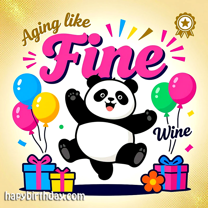 A cheerful cartoon panda dances amidst colorful balloons and wrapped gifts, with the text 'Aging like Fine Wine' for a festive birthday celebration.