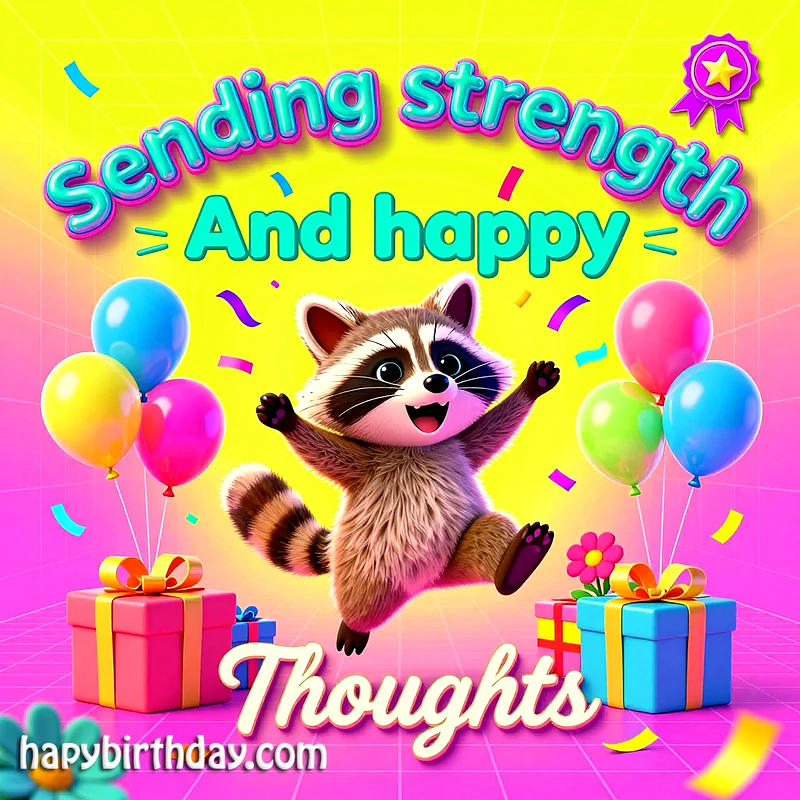 A cute cartoon raccoon joyfully jumps between colorful balloons and wrapped gifts, surrounded by falling confetti. The vibrant scene conveys a festive and happy birthday mood.