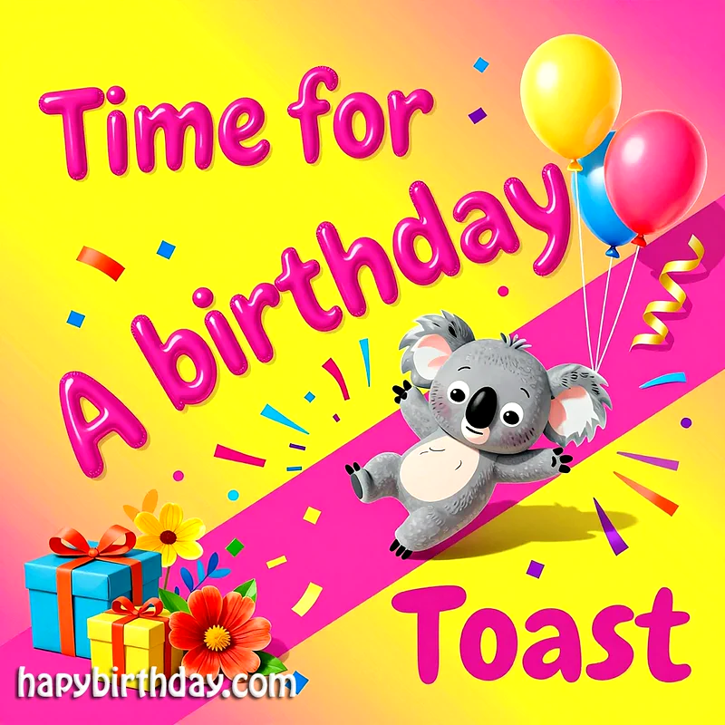 A cheerful birthday card featuring a cute grey koala jumping, surrounded by colorful balloons, festive confetti, and bright gift boxes. The vibrant yellow and pink background sets a joyful party mood.