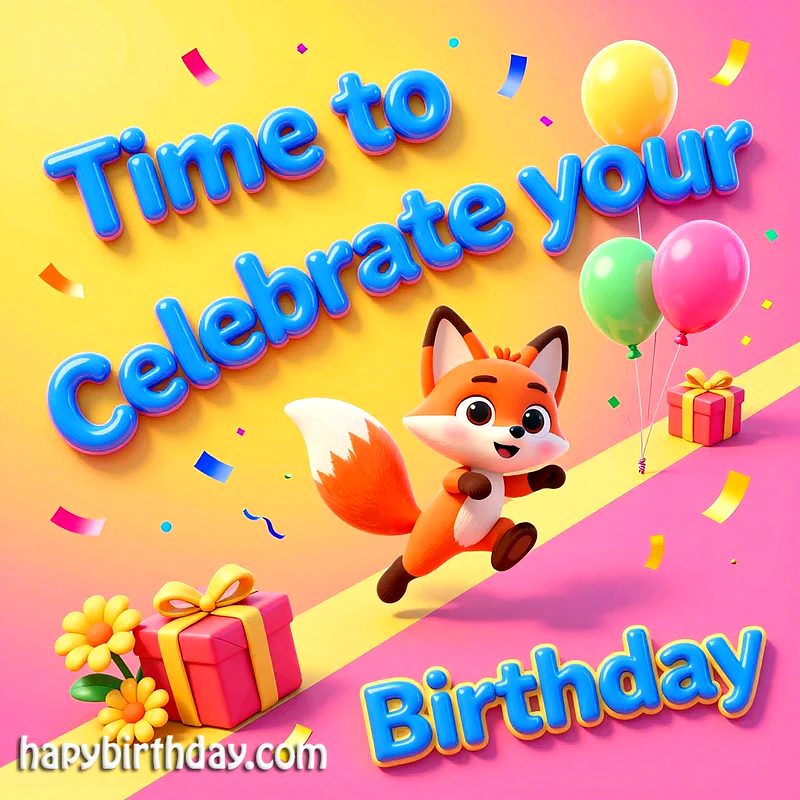 A cheerful 3D cartoon image featuring an adorable running orange fox amidst vibrant pink and yellow birthday gifts, colorful balloons, and festive confetti, wishing 'Time to celebrate your Birthday'.