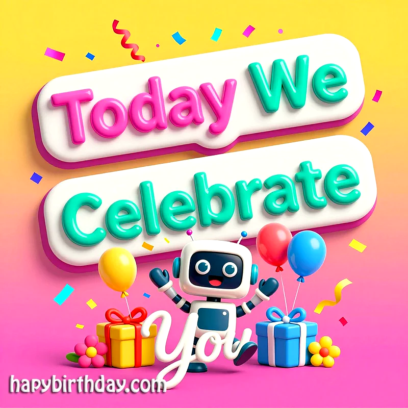 A cheerful cartoon robot waves, surrounded by colorful balloons, wrapped gifts, and confetti. Bold 3D text says "Today We Celebrate You" on a vibrant pink and yellow background, radiating pure birthday joy.