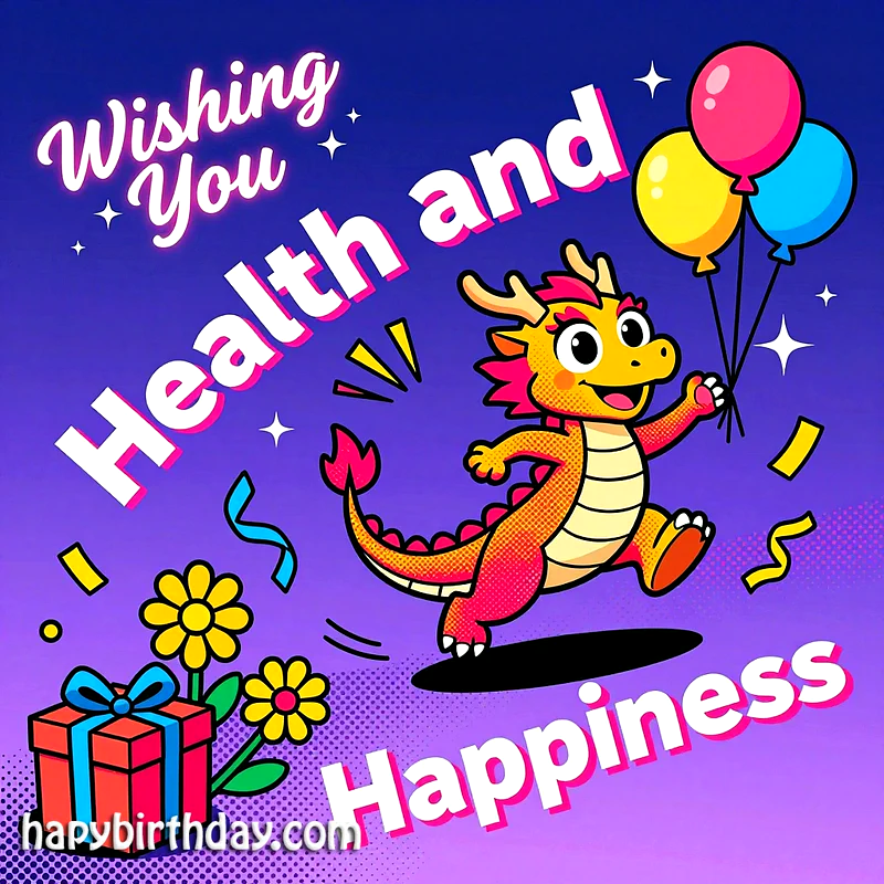 A vibrant birthday greeting card featuring a cheerful orange and yellow cartoon dragon happily leaping with balloons. A red gift, yellow flowers, and confetti add to the festive mood, wishing health and happiness.