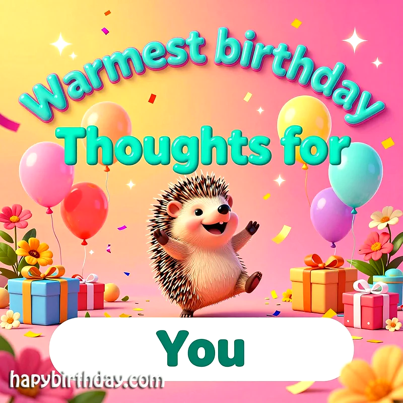 A cheerful cartoon hedgehog, arms outstretched in joy, stands amidst colorful balloons, wrapped gifts, and sparkling confetti on a vibrant pink and yellow birthday background. The scene radiates warmth and celebration.
