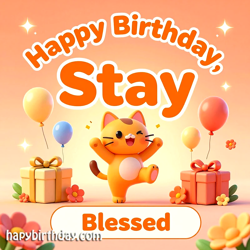 A joyful orange cartoon cat winks and dances amidst floating balloons, elegant gift boxes, and tiny flowers, celebrating a happy birthday with warm wishes.