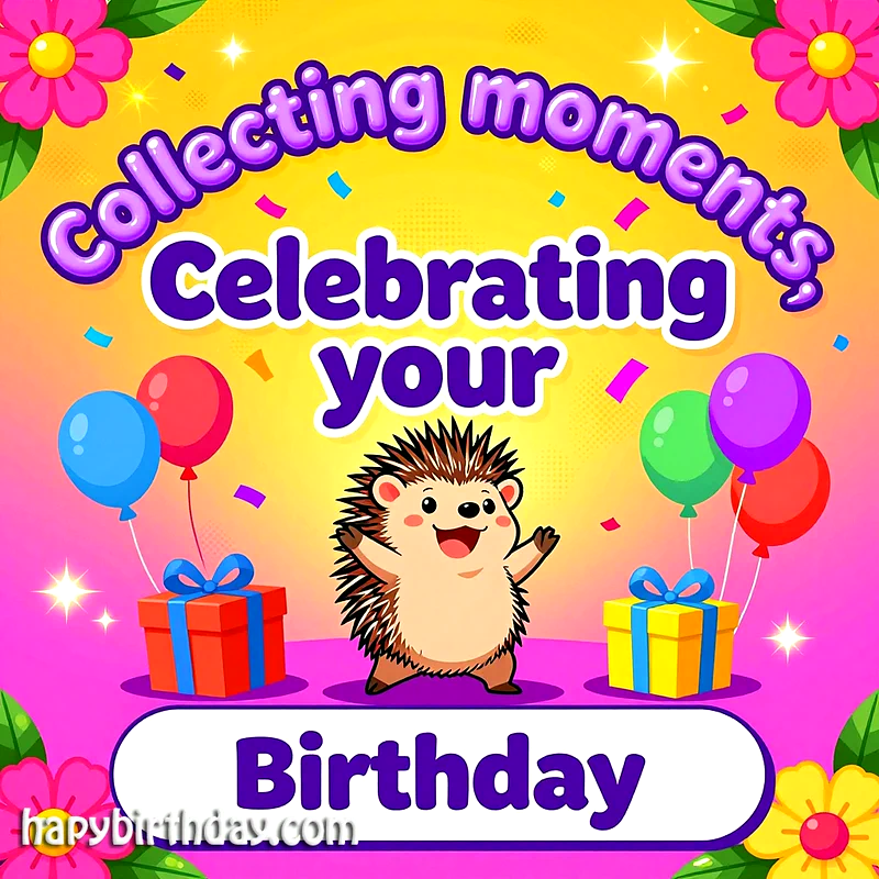 A cute hedgehog with arms open wide, surrounded by colorful balloons, wrapped presents, and falling confetti. The vibrant scene is festive and joyful, perfect for a happy birthday wish.