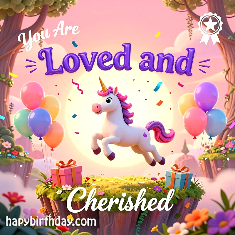 Graceful white unicorn birthday card with pink and purple mane, floating among colorful balloons, gift boxes, and confetti on a whimsical island. A joyful, loving, and festive atmosphere shines.