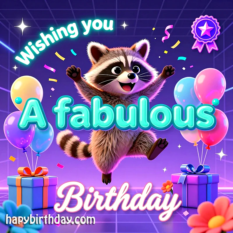 A jubilant cartoon raccoon leaps with joy amidst colorful balloons, confetti, and festive gift boxes, celebrating a fabulous birthday. The vibrant purple background highlights the sweet, cheerful atmosphere.