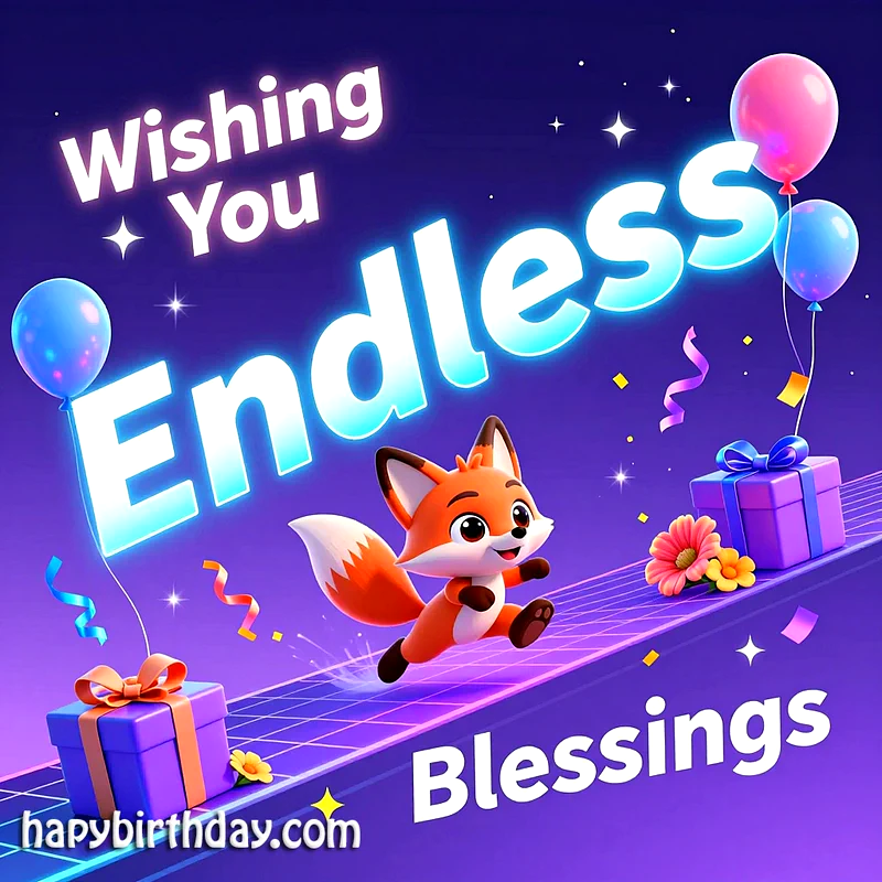 An adorable cartoon fox joyfully skips past purple gift boxes, colorful balloons, and confetti. The vibrant blue background glows with the message: 'Wishing You Endless Blessings'.