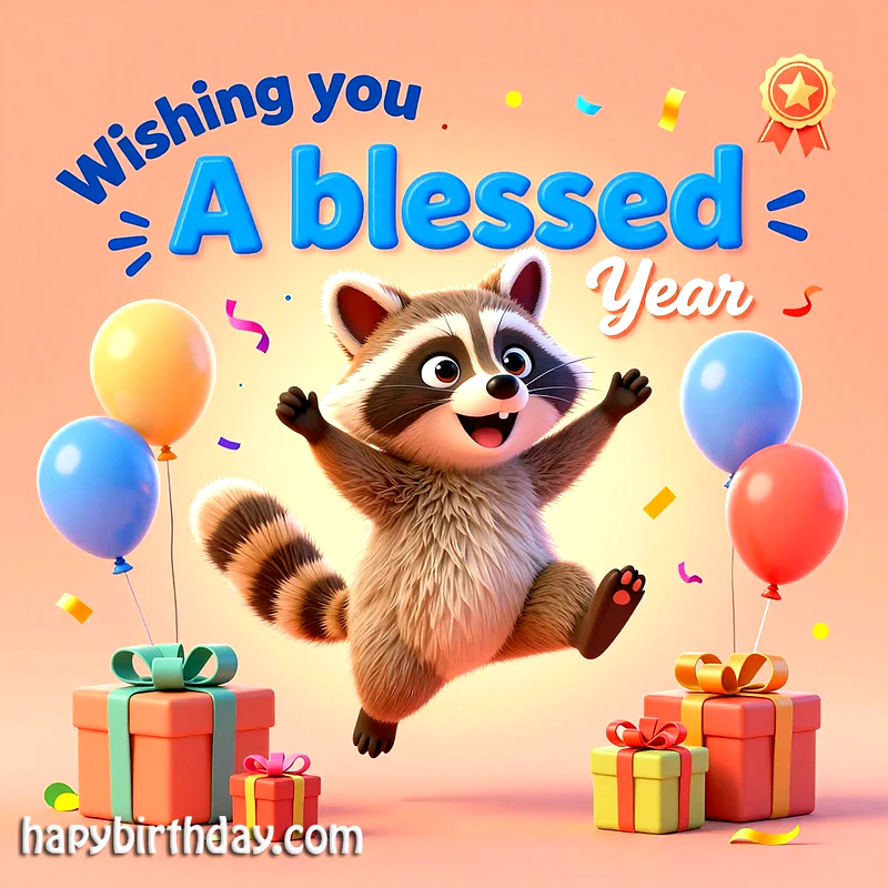 Wishing You a Blessed Year: Adorable Raccoon Birthday Card