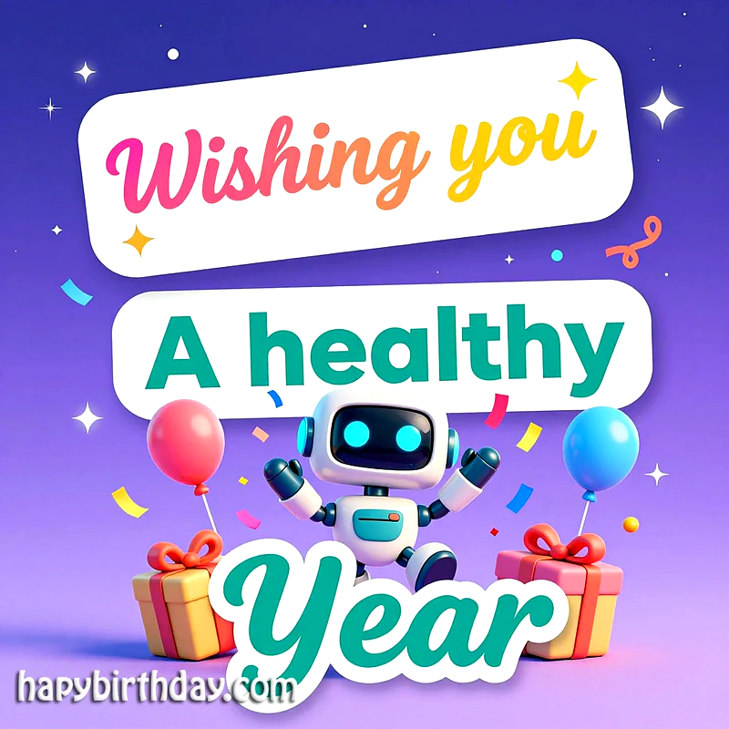 Wishing You a Healthy Year: Joyful Robot Greeting Card with Gifts