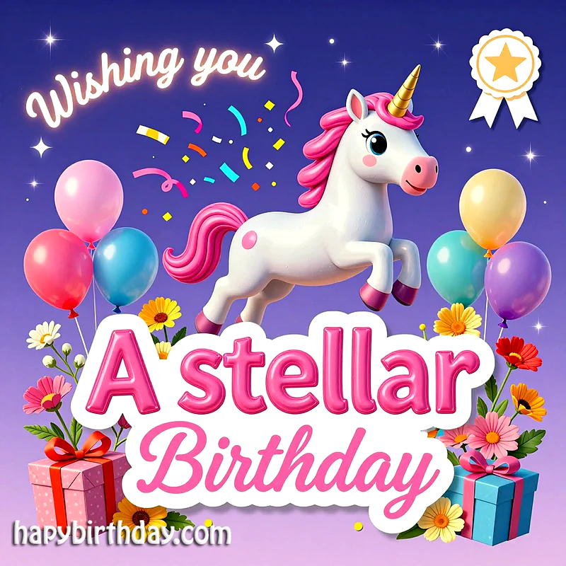 A whimsical birthday card features a joyful white unicorn with pink accents, leaping amidst colorful balloons, confetti, and vibrant flowers. Two festive gift boxes complete this magical celebration scene.