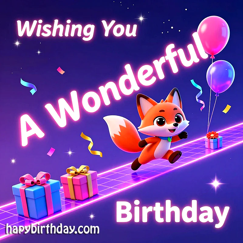 A cute orange fox leaps joyfully on a neon grid floor with pink balloons and colorful gift boxes under a starry night sky, with large glowing text wishing a wonderful birthday.