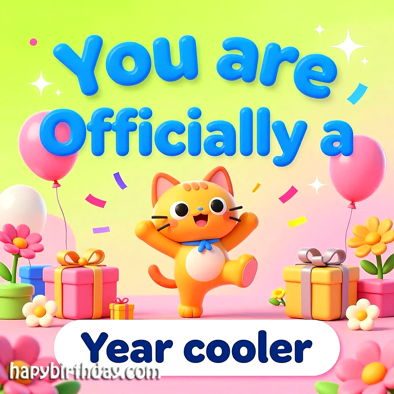 A cheerful orange cartoon cat celebrating a birthday amidst pink balloons, colorful gifts, and confetti, with the playful text 'You are Officially a Year cooler' against a vibrant green and pink background.