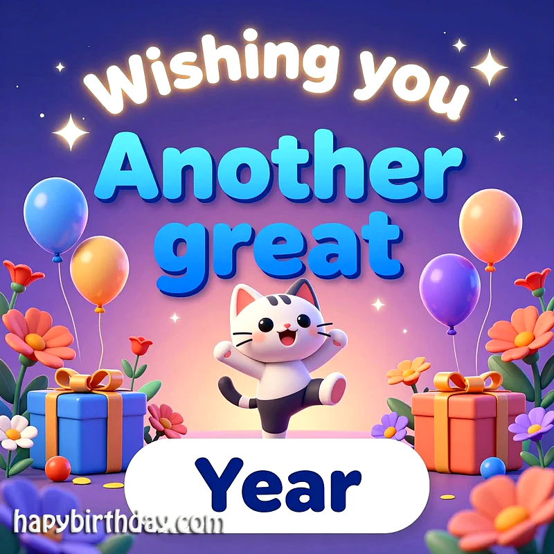 A joyful cartoon cat stands amidst festive balloons, colorful flowers, and wrapped gifts, all set against a soft gradient background. The text reads, "Wishing you Another great Year," conveying heartfelt birthday wishes.