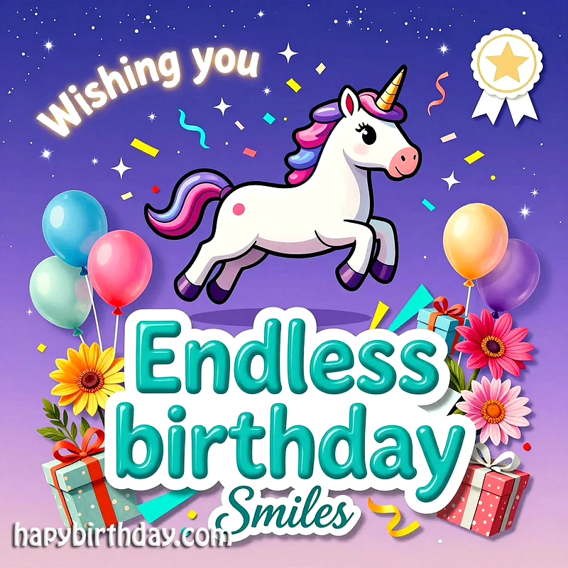 A delightful cartoon unicorn with a rainbow mane prances across a starry purple background, surrounded by colorful balloons, confetti, gifts, and vibrant flowers, carrying the heartfelt wish, "Wishing you Endless birthday Smiles."
