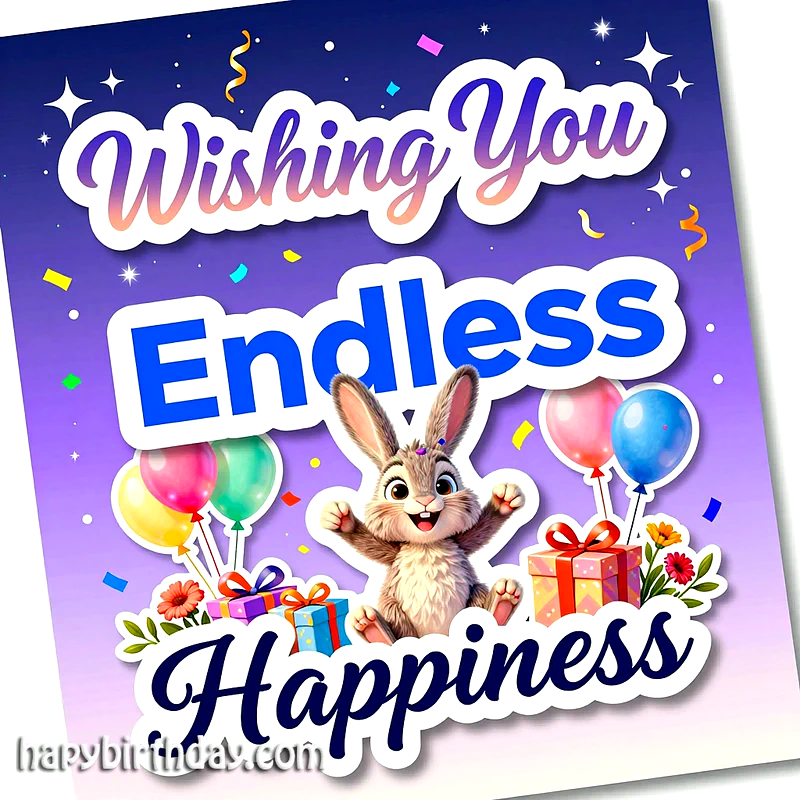 A cheerful birthday card featuring a happy cartoon bunny with arms wide open, surrounded by colorful balloons, wrapped gifts, and scattered confetti, all under the wish 'Wishing You Endless Happiness'.